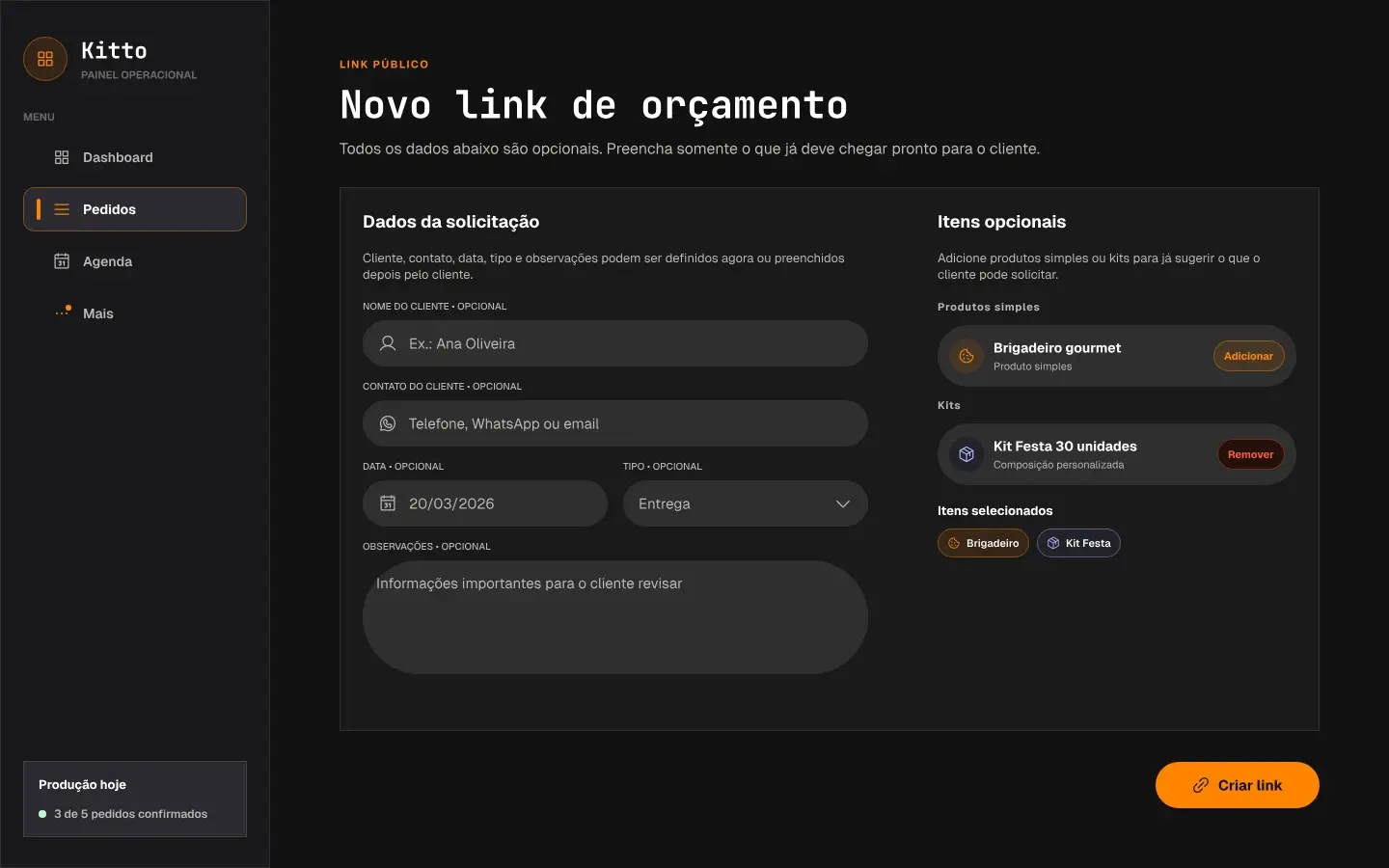 Tela do Encomiva para criar um link de orçamento público